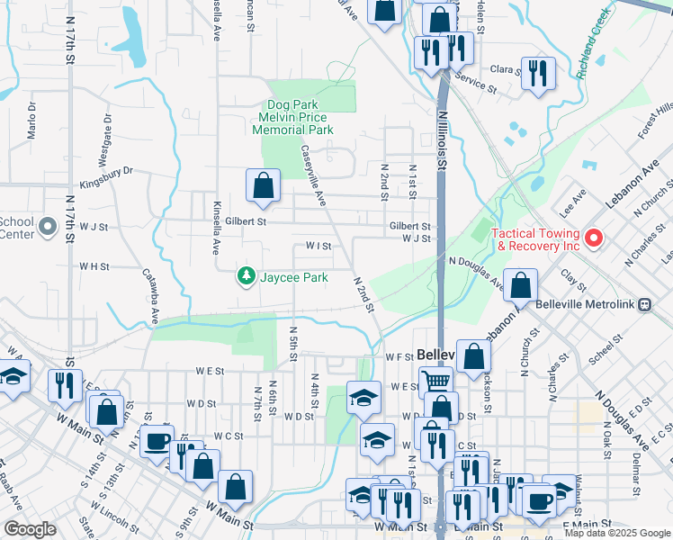 map of restaurants, bars, coffee shops, grocery stores, and more near 318 West H Street in Belleville