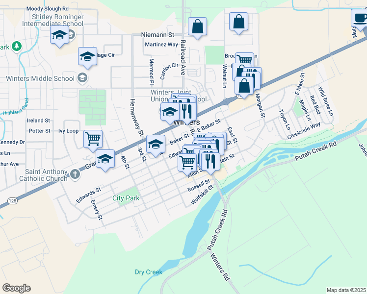 map of restaurants, bars, coffee shops, grocery stores, and more near 15 Edwards Street in Winters
