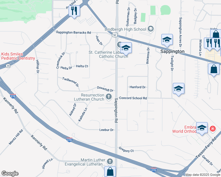 map of restaurants, bars, coffee shops, grocery stores, and more near 11617 Doverhill Drive in St. Louis