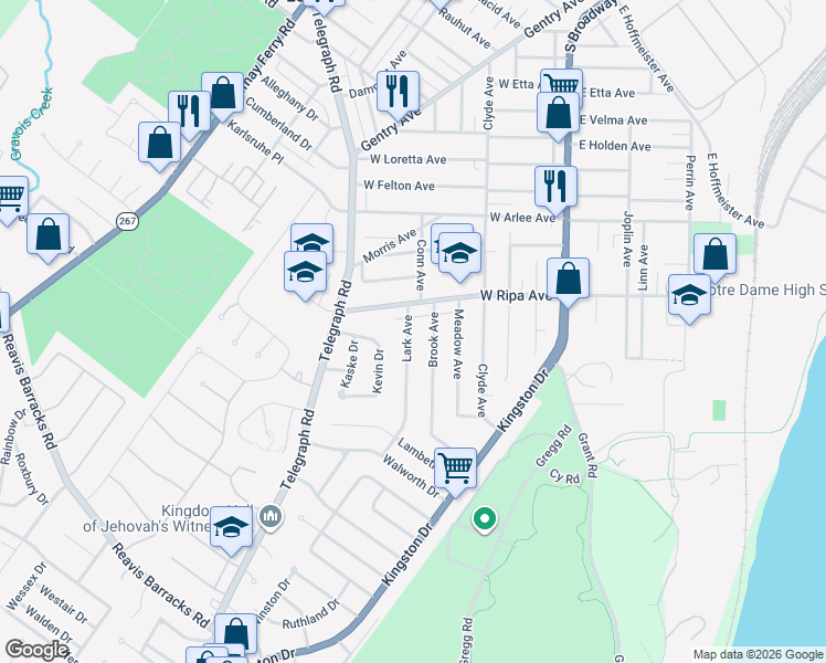 map of restaurants, bars, coffee shops, grocery stores, and more near 9921 Lark Avenue in St. Louis