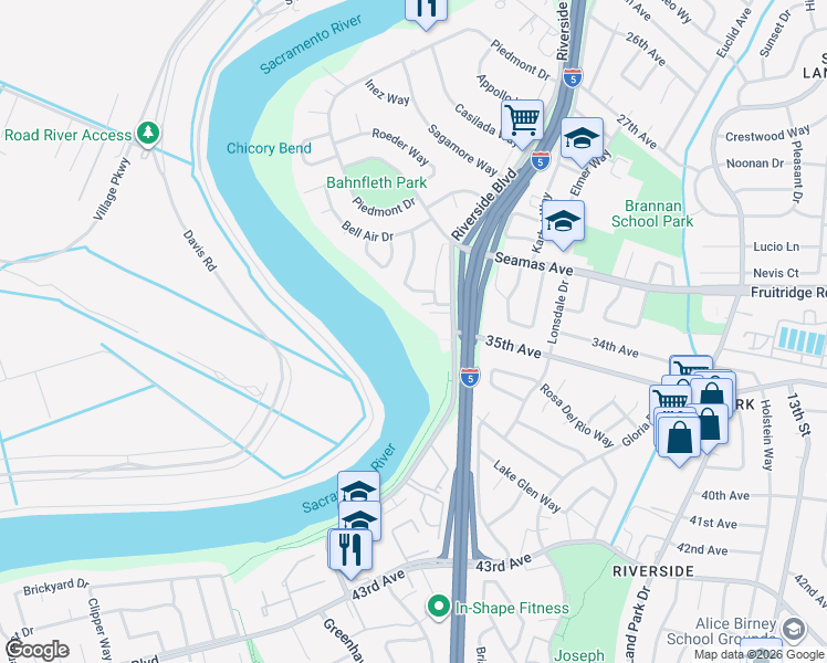 map of restaurants, bars, coffee shops, grocery stores, and more near 5746 Riverside Boulevard in Sacramento