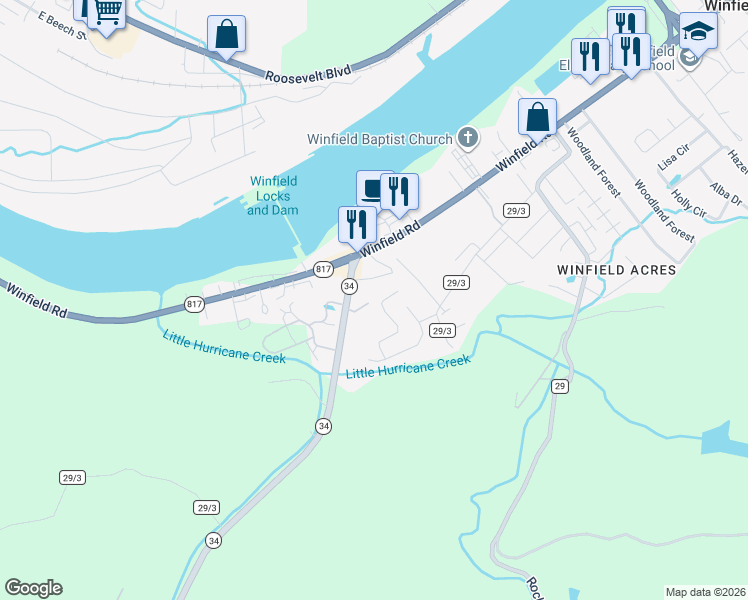 map of restaurants, bars, coffee shops, grocery stores, and more near 175 Joshua Way in Winfield