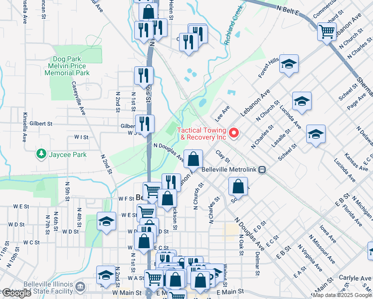 map of restaurants, bars, coffee shops, grocery stores, and more near 915 Benton Street in Belleville