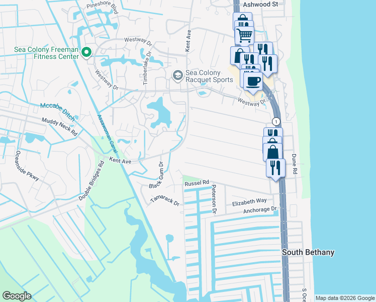 map of restaurants, bars, coffee shops, grocery stores, and more near 4 Bridge Road in Bethany Beach