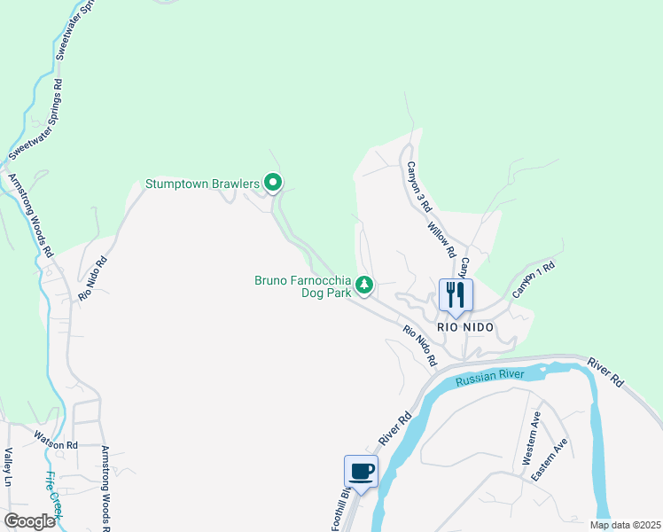 map of restaurants, bars, coffee shops, grocery stores, and more near 15011 Canyon 7 Road in Guerneville