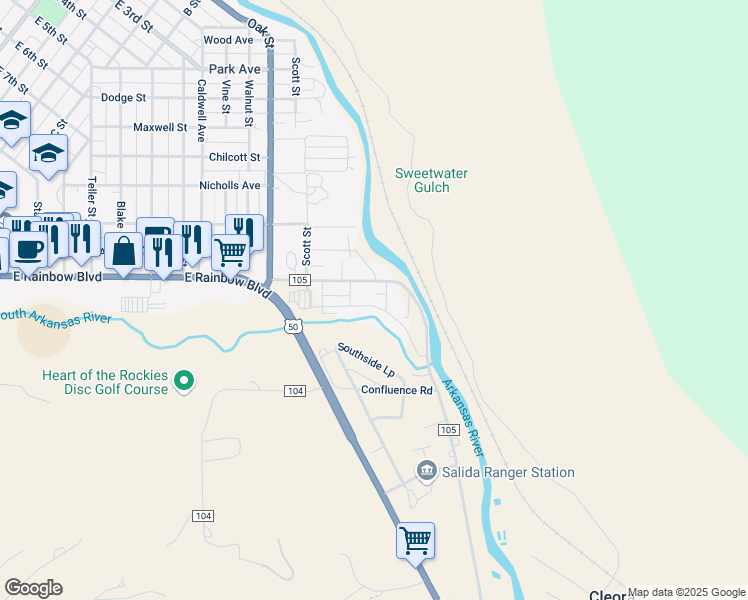 map of restaurants, bars, coffee shops, grocery stores, and more near 326 Two Rivers Road in Salida