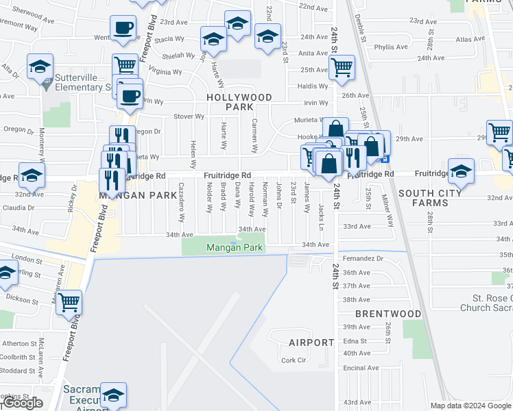 map of restaurants, bars, coffee shops, grocery stores, and more near 5637 Harold Way in Sacramento