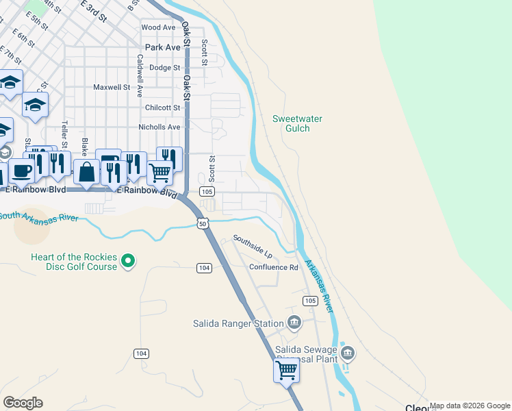 map of restaurants, bars, coffee shops, grocery stores, and more near 326 Two Rivers Road in Salida
