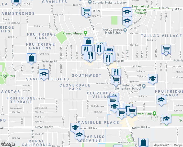 map of restaurants, bars, coffee shops, grocery stores, and more near 5258 Young Street in Sacramento
