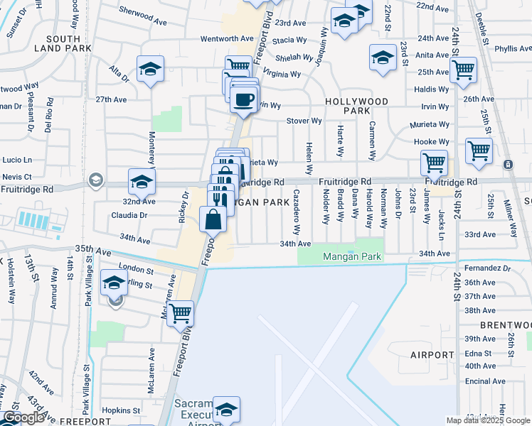 map of restaurants, bars, coffee shops, grocery stores, and more near 5644 El Granero Way in Sacramento