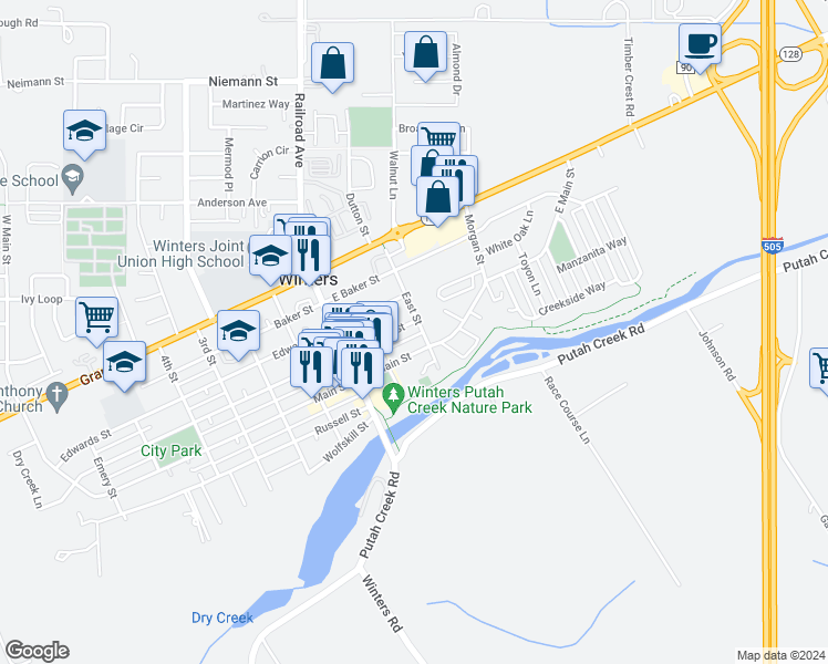 map of restaurants, bars, coffee shops, grocery stores, and more near 300 East Street in Winters