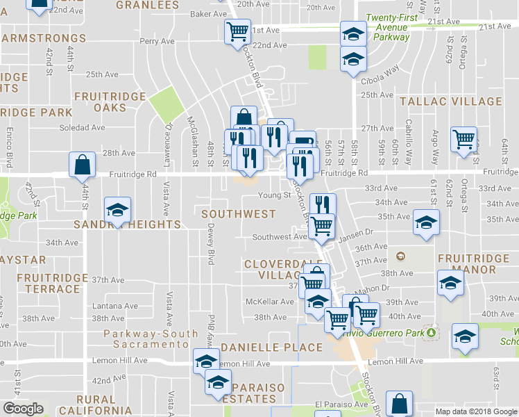 map of restaurants, bars, coffee shops, grocery stores, and more near 5258 Young Street in Sacramento