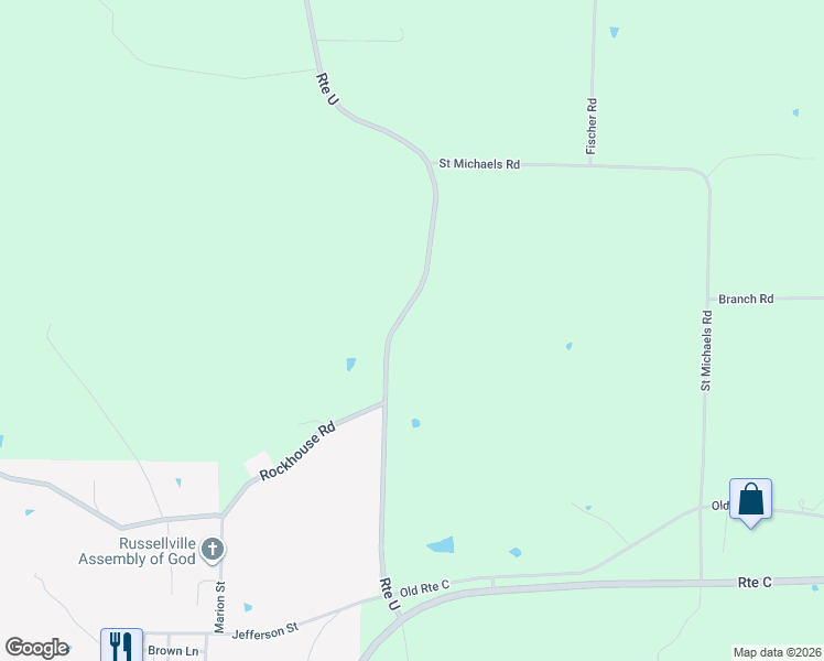 map of restaurants, bars, coffee shops, grocery stores, and more near 4315 Route U in Russellville