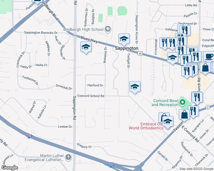 map of restaurants, bars, coffee shops, grocery stores, and more near 10628 Roxanna Drive in Sappington