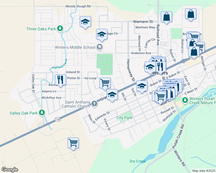 map of restaurants, bars, coffee shops, grocery stores, and more near 620 Ivy Loop in Winters