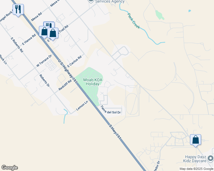 map of restaurants, bars, coffee shops, grocery stores, and more near 3318 South Willow Tree Road in Moab