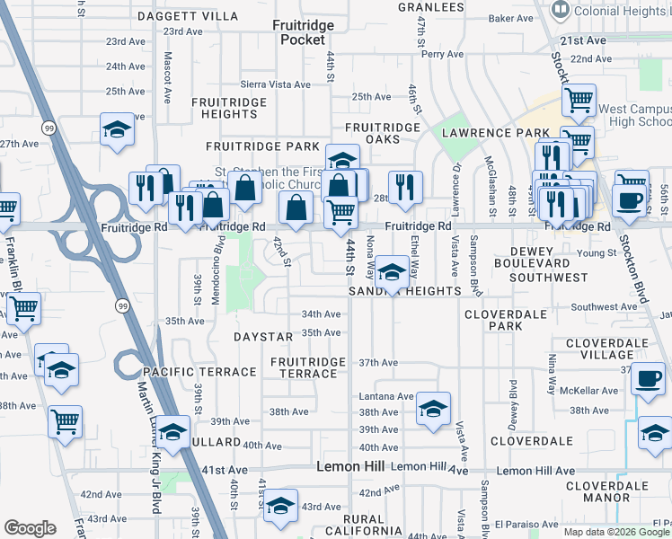 map of restaurants, bars, coffee shops, grocery stores, and more near 5656 Odea Drive in Sacramento