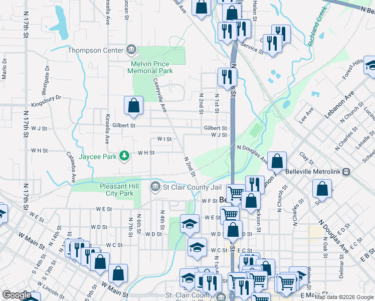 map of restaurants, bars, coffee shops, grocery stores, and more near 908 North 2nd Street in Belleville