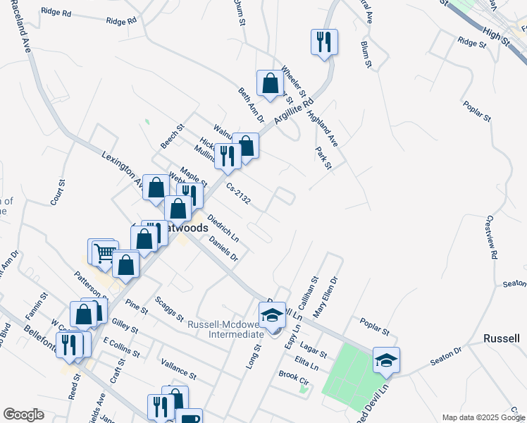 map of restaurants, bars, coffee shops, grocery stores, and more near 906 Mary Sue Drive in Flatwoods