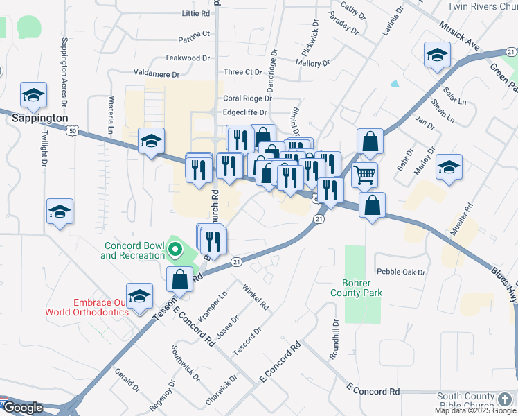 map of restaurants, bars, coffee shops, grocery stores, and more near 11542 Concord Village Avenue in St. Louis