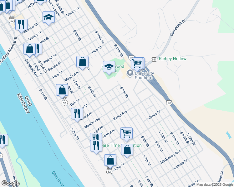map of restaurants, bars, coffee shops, grocery stores, and more near 1903 South 8th Street in Ironton