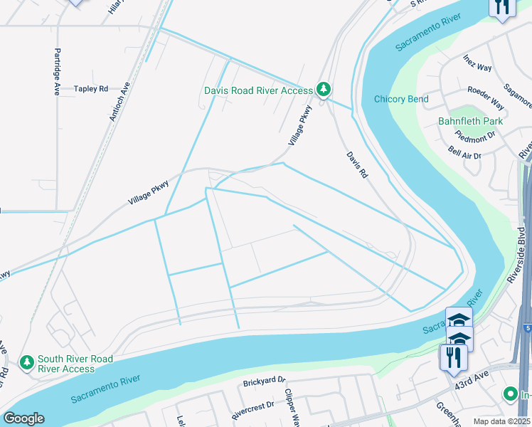 map of restaurants, bars, coffee shops, grocery stores, and more near 4310 South River Road in West Sacramento