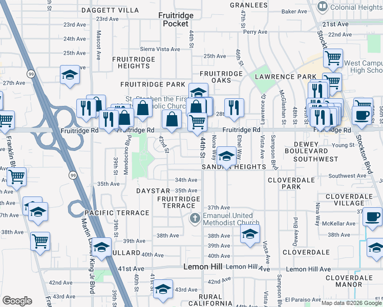 map of restaurants, bars, coffee shops, grocery stores, and more near 5656 Odea Drive in Sacramento