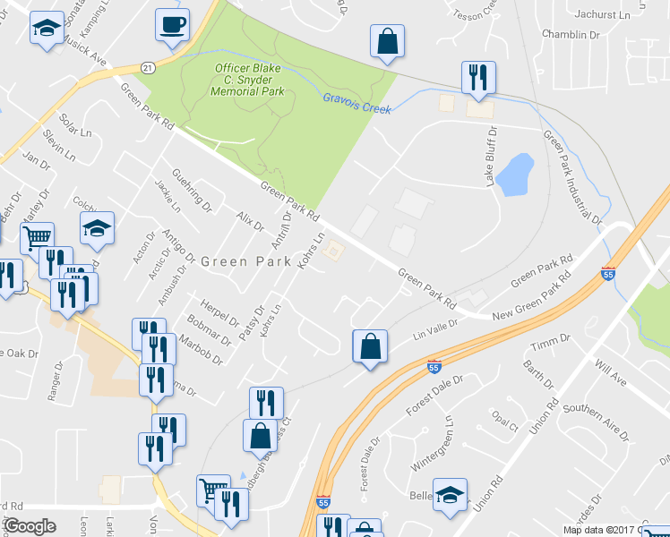 map of restaurants, bars, coffee shops, grocery stores, and more near 9435 Green Park Gardens Drive in Green Park