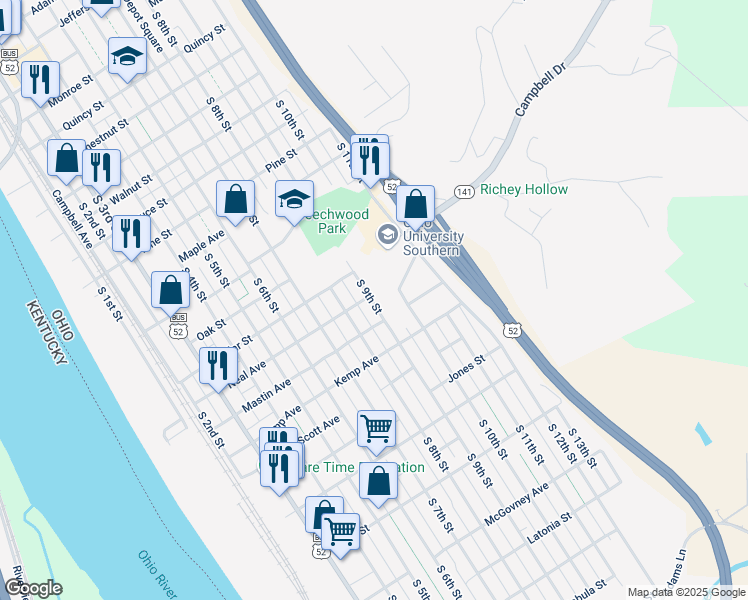 map of restaurants, bars, coffee shops, grocery stores, and more near 1905 South 9th Street in Ironton