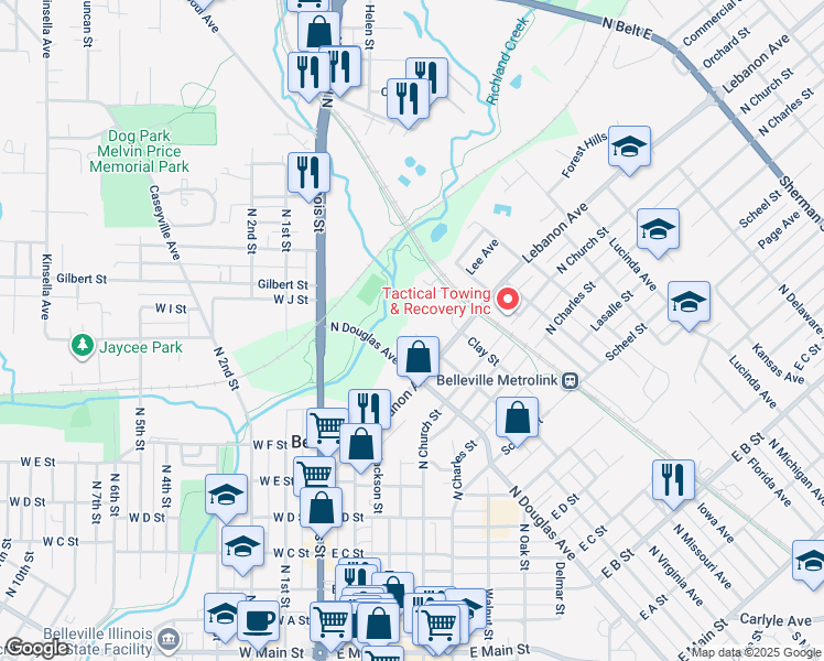 map of restaurants, bars, coffee shops, grocery stores, and more near 915 Benton Street in Belleville