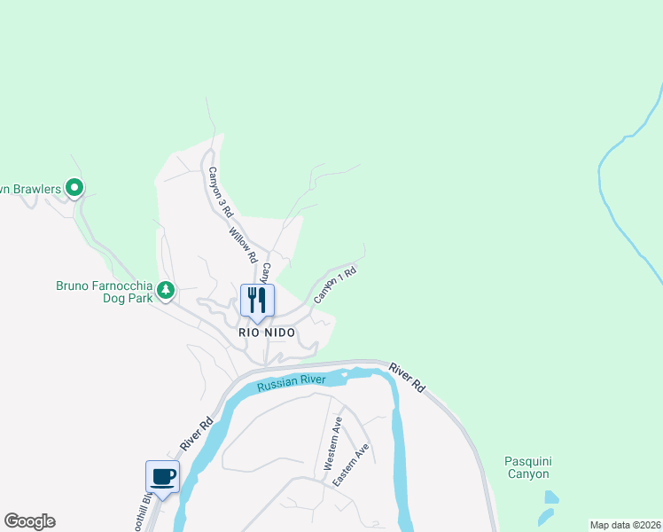 map of restaurants, bars, coffee shops, grocery stores, and more near 14640 Canyon 1 Road in Guerneville