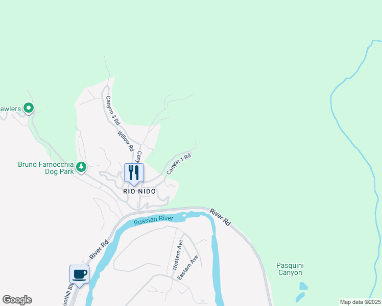 map of restaurants, bars, coffee shops, grocery stores, and more near 14666 Canyon 1 Road in Guerneville