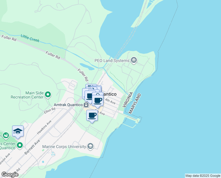 map of restaurants, bars, coffee shops, grocery stores, and more near 202 Broadway Street in Quantico