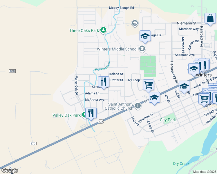 map of restaurants, bars, coffee shops, grocery stores, and more near 1101 Taylor Street in Winters