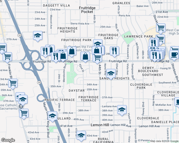 map of restaurants, bars, coffee shops, grocery stores, and more near 5656 Odea Drive in Sacramento