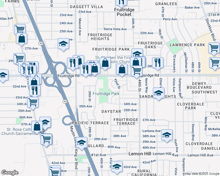 map of restaurants, bars, coffee shops, grocery stores, and more near 4117 Gaddi Drive in Sacramento