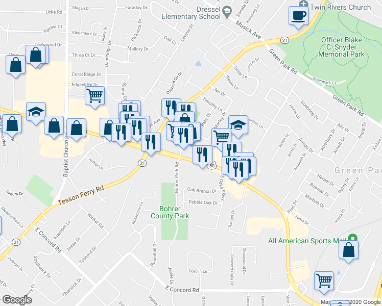 map of restaurants, bars, coffee shops, grocery stores, and more near 5714 U.S. 61 in St. Louis