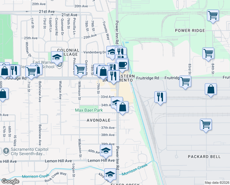 map of restaurants, bars, coffee shops, grocery stores, and more near 8012 33rd Avenue in Sacramento