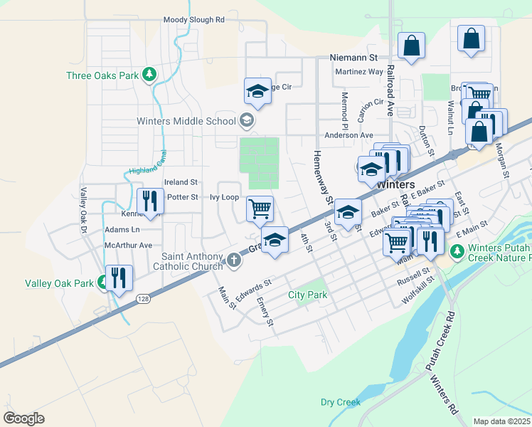 map of restaurants, bars, coffee shops, grocery stores, and more near 620 Ivy Loop in Winters