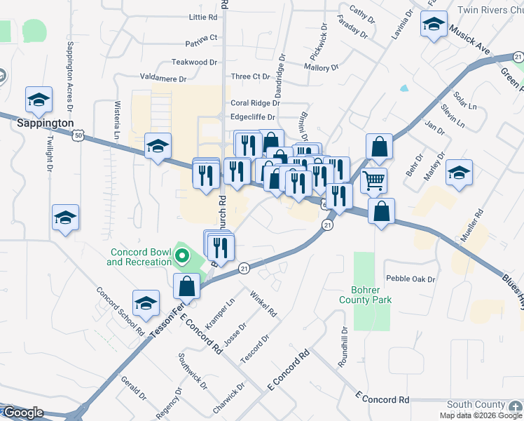 map of restaurants, bars, coffee shops, grocery stores, and more near 11542 Concord Village Avenue in St. Louis