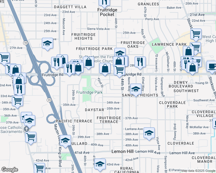 map of restaurants, bars, coffee shops, grocery stores, and more near 5640 Odea Drive in Sacramento