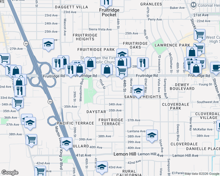 map of restaurants, bars, coffee shops, grocery stores, and more near 5640 Odea Drive in Sacramento
