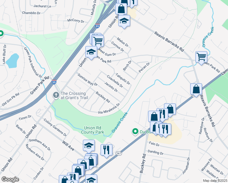 map of restaurants, bars, coffee shops, grocery stores, and more near 3836 Sunrise Way Drive in St. Louis