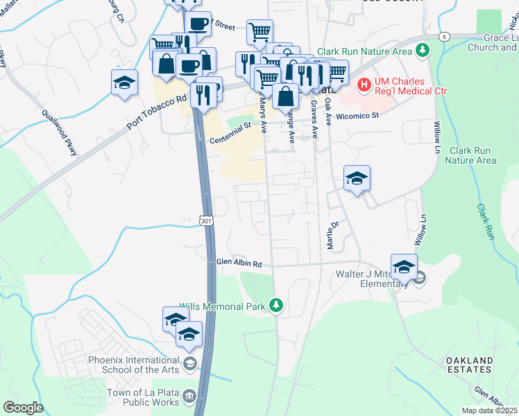 map of restaurants, bars, coffee shops, grocery stores, and more near 327 Saint Marys Avenue in La Plata
