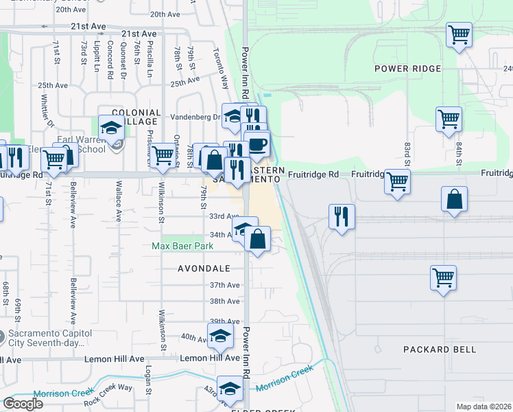 map of restaurants, bars, coffee shops, grocery stores, and more near 5705 Power Inn Rd in Sacramento