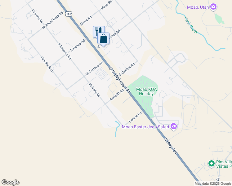 map of restaurants, bars, coffee shops, grocery stores, and more near 3301-3357 Redcliff Rd in Moab
