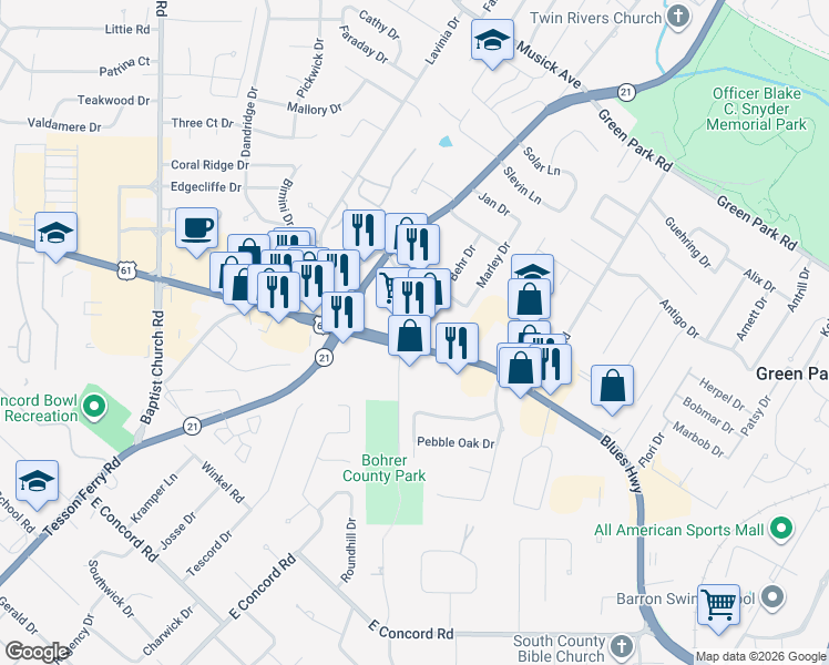 map of restaurants, bars, coffee shops, grocery stores, and more near 5714 U.S. 61 in St. Louis