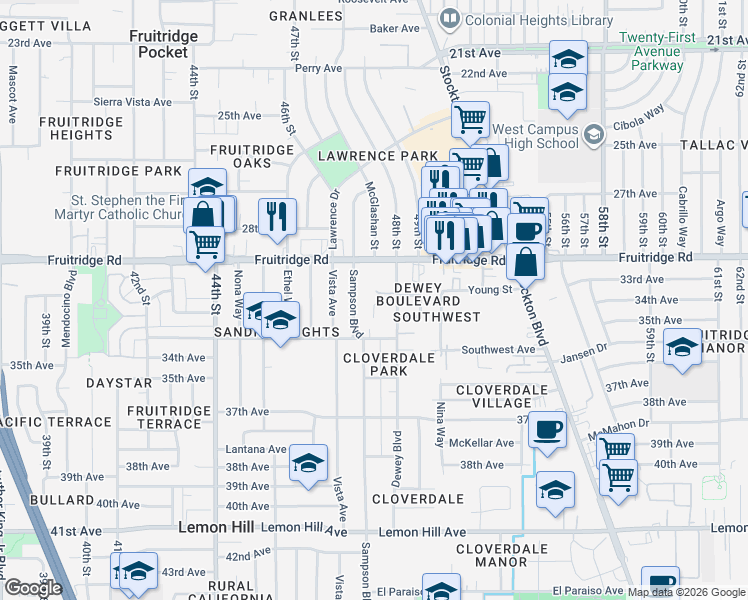 map of restaurants, bars, coffee shops, grocery stores, and more near 5736 Falconer Way in Sacramento