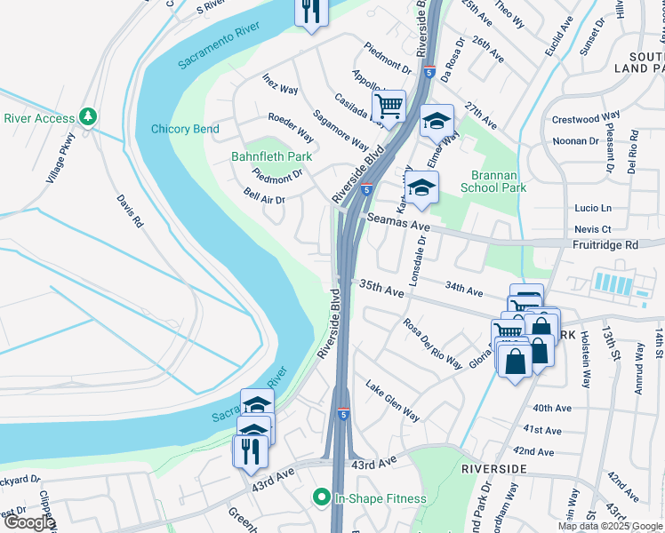 map of restaurants, bars, coffee shops, grocery stores, and more near 5770 Riverside Boulevard in Sacramento