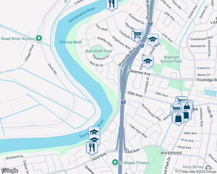 map of restaurants, bars, coffee shops, grocery stores, and more near 5746 Riverside Boulevard in Sacramento